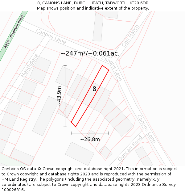 8, CANONS LANE, BURGH HEATH, TADWORTH, KT20 6DP: Plot and title map
