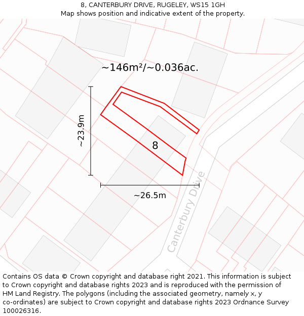 8, CANTERBURY DRIVE, RUGELEY, WS15 1GH: Plot and title map