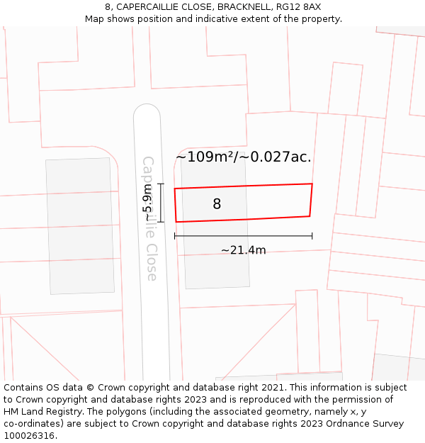 8, CAPERCAILLIE CLOSE, BRACKNELL, RG12 8AX: Plot and title map