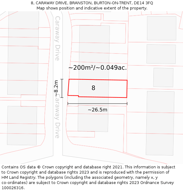 8, CARAWAY DRIVE, BRANSTON, BURTON-ON-TRENT, DE14 3FQ: Plot and title map