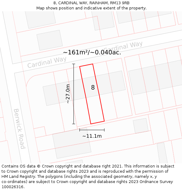 8, CARDINAL WAY, RAINHAM, RM13 9RB: Plot and title map