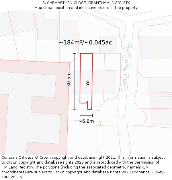 8, CARMARTHEN CLOSE, GRANTHAM, NG31 8TX: Plot and title map
