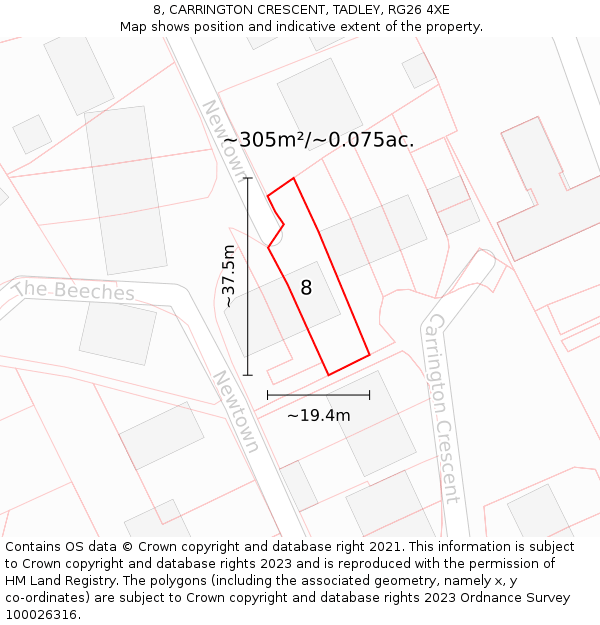 8, CARRINGTON CRESCENT, TADLEY, RG26 4XE: Plot and title map