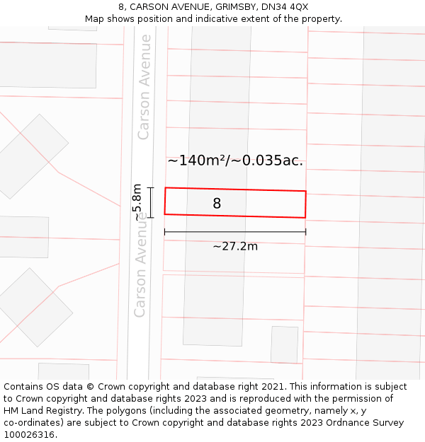 8, CARSON AVENUE, GRIMSBY, DN34 4QX: Plot and title map