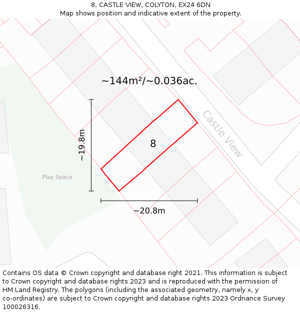 8, CASTLE VIEW, COLYTON, EX24 6DN: Plot and title map