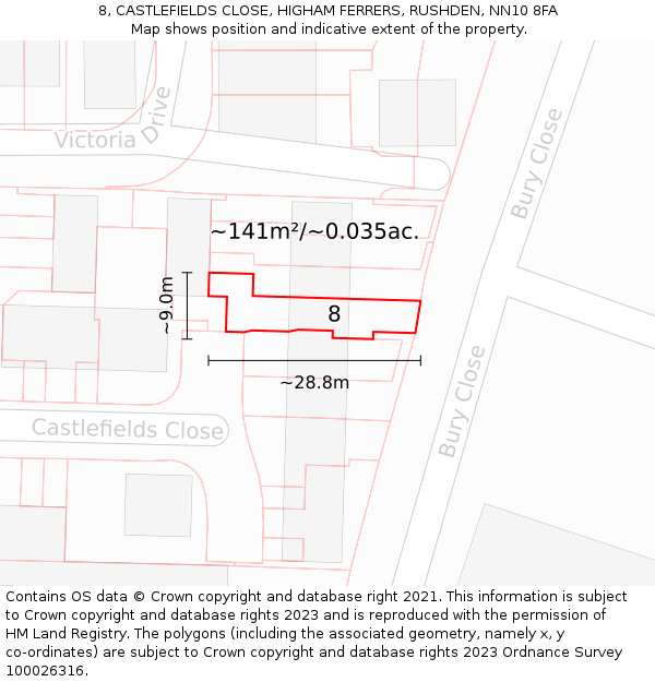 8, CASTLEFIELDS CLOSE, HIGHAM FERRERS, RUSHDEN, NN10 8FA: Plot and title map