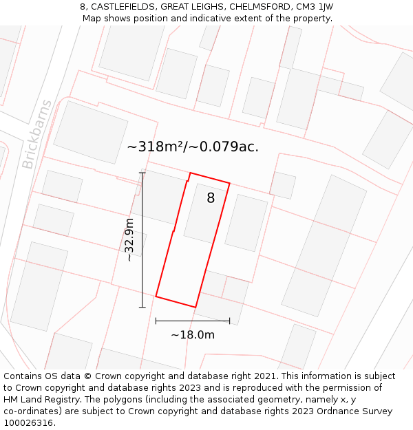 8, CASTLEFIELDS, GREAT LEIGHS, CHELMSFORD, CM3 1JW: Plot and title map
