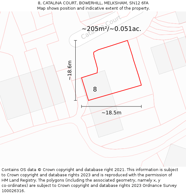8, CATALINA COURT, BOWERHILL, MELKSHAM, SN12 6FA: Plot and title map