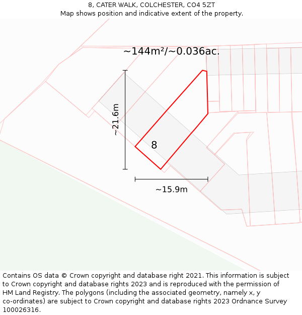 8, CATER WALK, COLCHESTER, CO4 5ZT: Plot and title map