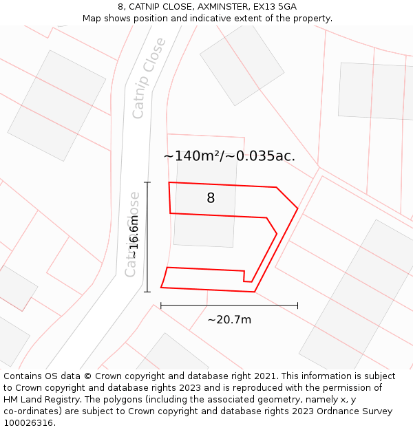 8, CATNIP CLOSE, AXMINSTER, EX13 5GA: Plot and title map