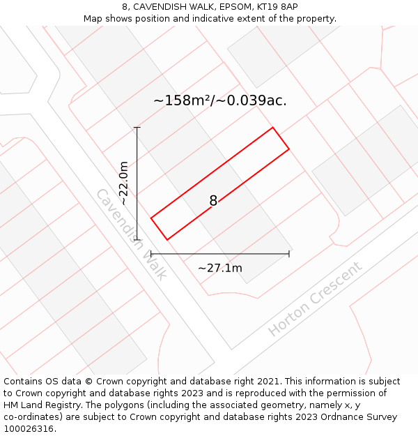 8, CAVENDISH WALK, EPSOM, KT19 8AP: Plot and title map