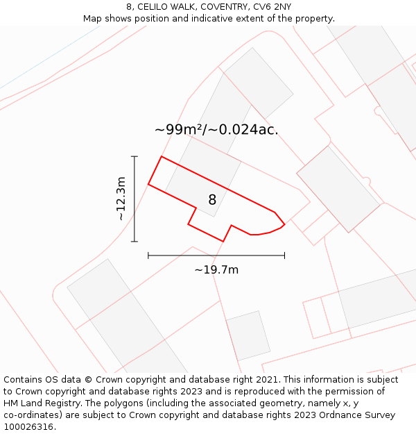 8, CELILO WALK, COVENTRY, CV6 2NY: Plot and title map