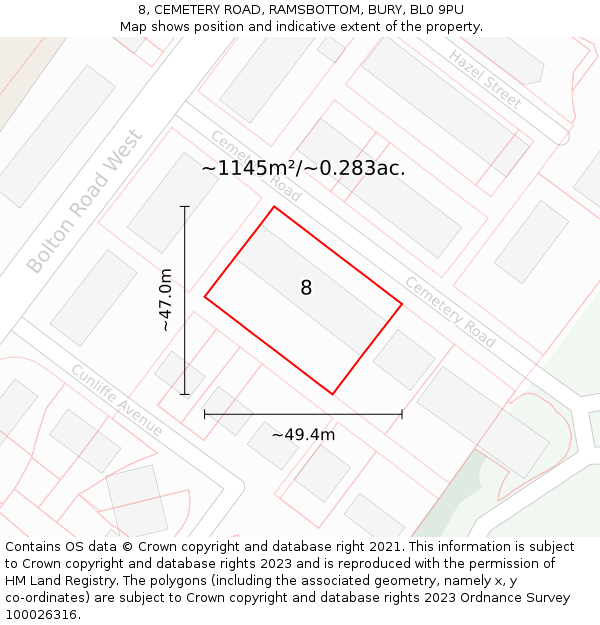 8, CEMETERY ROAD, RAMSBOTTOM, BURY, BL0 9PU: Plot and title map