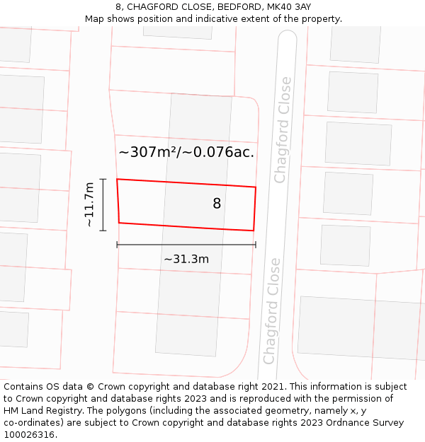 8, CHAGFORD CLOSE, BEDFORD, MK40 3AY: Plot and title map