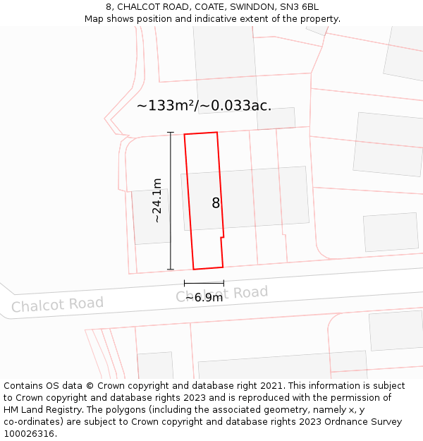8, CHALCOT ROAD, COATE, SWINDON, SN3 6BL: Plot and title map
