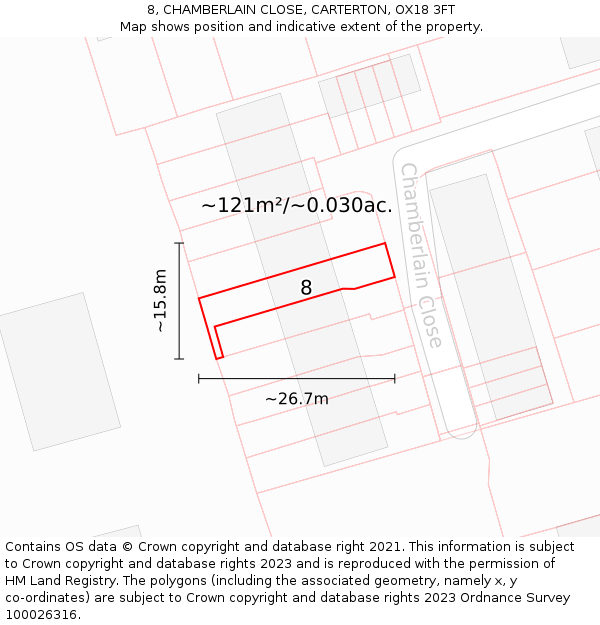 8, CHAMBERLAIN CLOSE, CARTERTON, OX18 3FT: Plot and title map