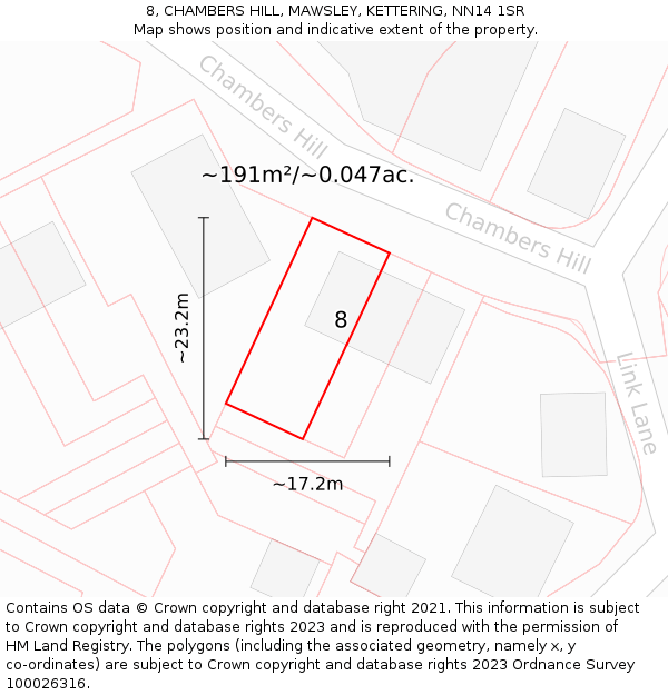 8, CHAMBERS HILL, MAWSLEY, KETTERING, NN14 1SR: Plot and title map
