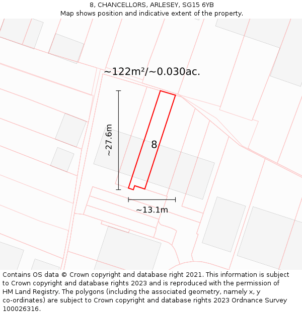 8, CHANCELLORS, ARLESEY, SG15 6YB: Plot and title map