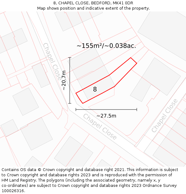 8, CHAPEL CLOSE, BEDFORD, MK41 0DR: Plot and title map