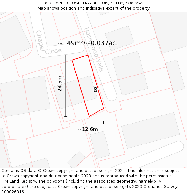 8, CHAPEL CLOSE, HAMBLETON, SELBY, YO8 9SA: Plot and title map
