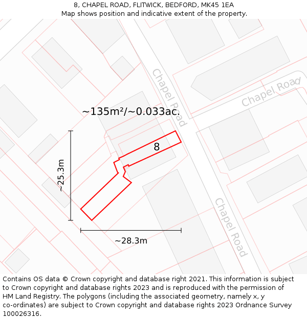 8, CHAPEL ROAD, FLITWICK, BEDFORD, MK45 1EA: Plot and title map