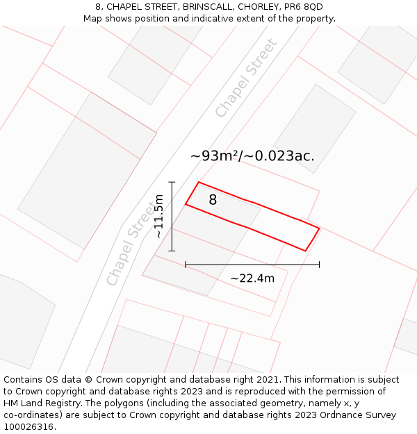 8, CHAPEL STREET, BRINSCALL, CHORLEY, PR6 8QD: Plot and title map