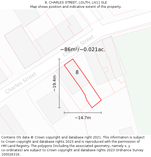8, CHARLES STREET, LOUTH, LN11 0LE: Plot and title map