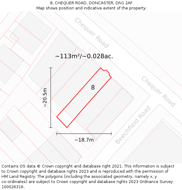 8, CHEQUER ROAD, DONCASTER, DN1 2AF: Plot and title map