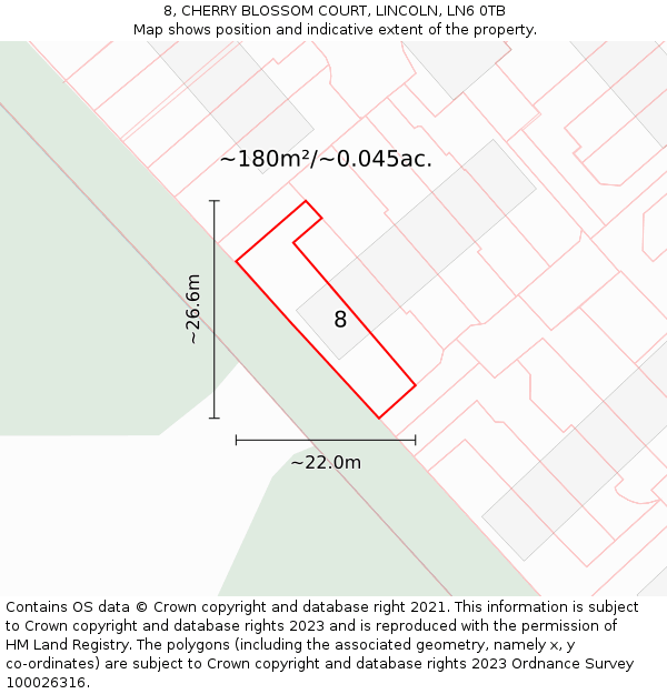 8, CHERRY BLOSSOM COURT, LINCOLN, LN6 0TB: Plot and title map