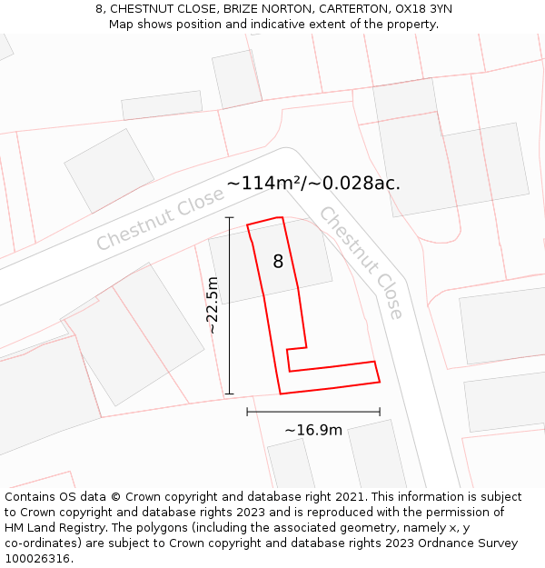 8, CHESTNUT CLOSE, BRIZE NORTON, CARTERTON, OX18 3YN: Plot and title map