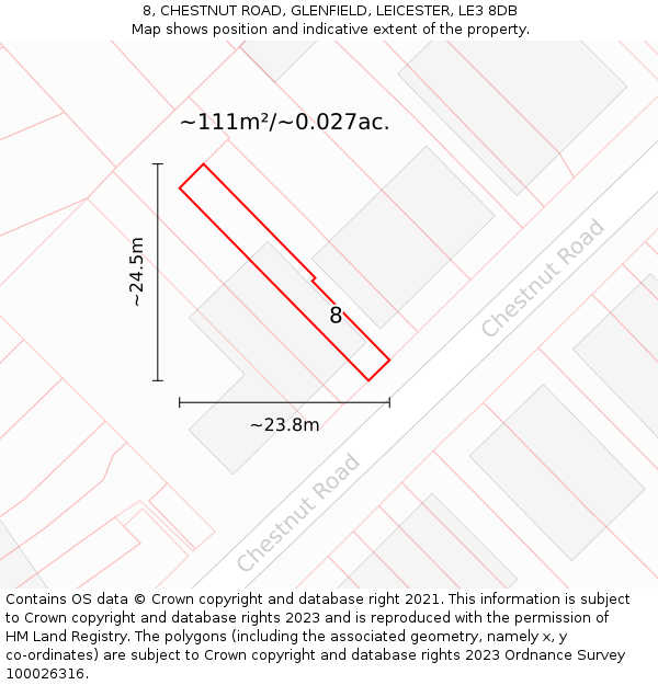 8, CHESTNUT ROAD, GLENFIELD, LEICESTER, LE3 8DB: Plot and title map