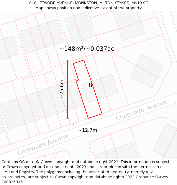 8, CHETWODE AVENUE, MONKSTON, MILTON KEYNES, MK10 9EJ: Plot and title map