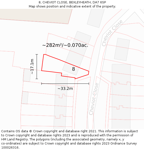 8, CHEVIOT CLOSE, BEXLEYHEATH, DA7 6SP: Plot and title map