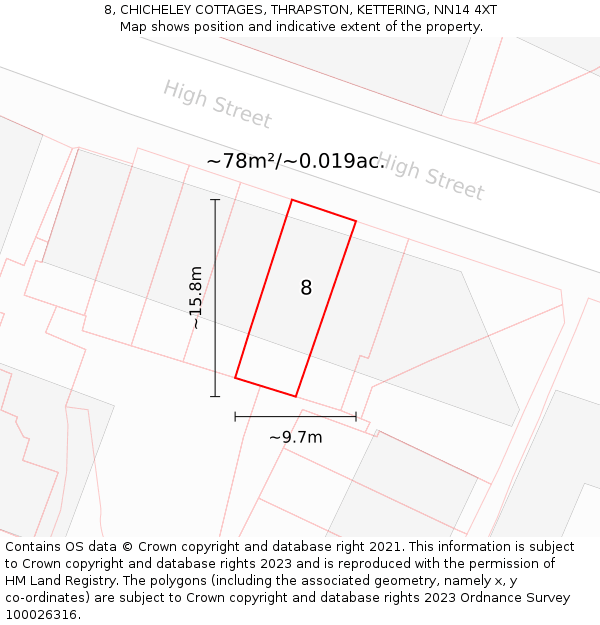 8, CHICHELEY COTTAGES, THRAPSTON, KETTERING, NN14 4XT: Plot and title map