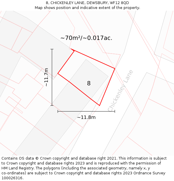 8, CHICKENLEY LANE, DEWSBURY, WF12 8QD: Plot and title map
