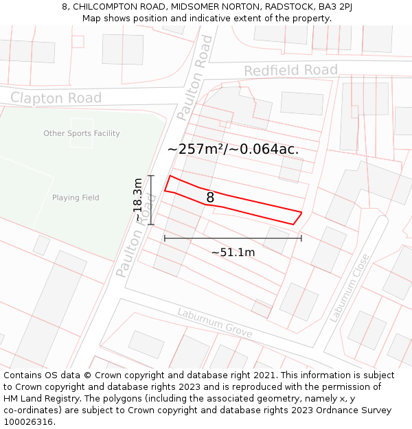 8, CHILCOMPTON ROAD, MIDSOMER NORTON, RADSTOCK, BA3 2PJ: Plot and title map