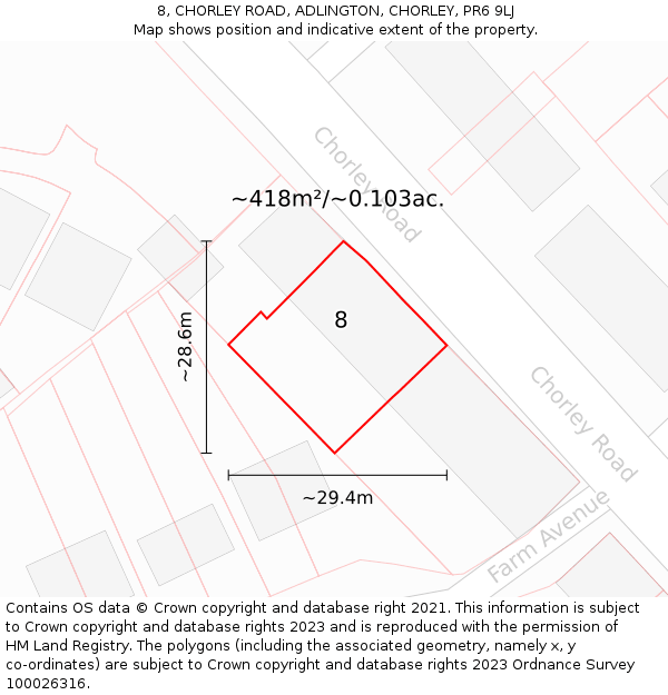 8, CHORLEY ROAD, ADLINGTON, CHORLEY, PR6 9LJ: Plot and title map