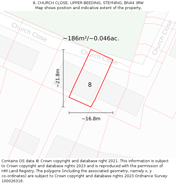 8, CHURCH CLOSE, UPPER BEEDING, STEYNING, BN44 3RW: Plot and title map