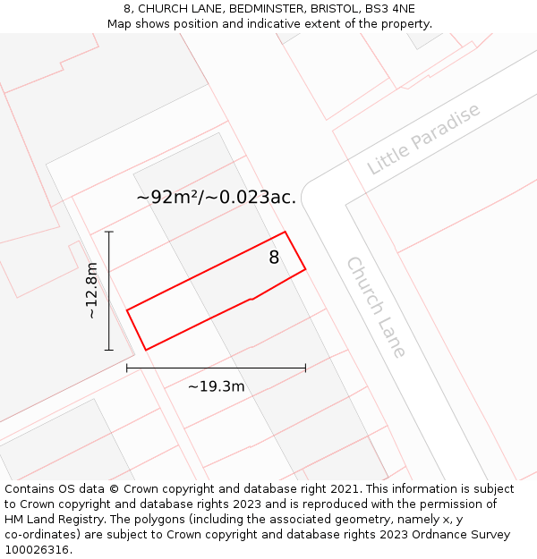 8, CHURCH LANE, BEDMINSTER, BRISTOL, BS3 4NE: Plot and title map