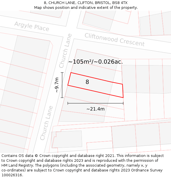 8, CHURCH LANE, CLIFTON, BRISTOL, BS8 4TX: Plot and title map