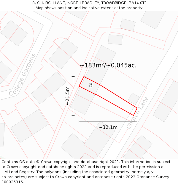 8, CHURCH LANE, NORTH BRADLEY, TROWBRIDGE, BA14 0TF: Plot and title map