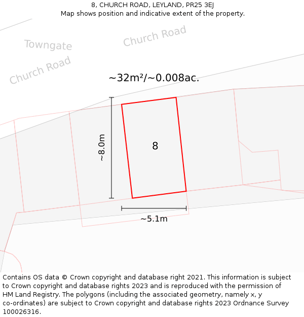 8, CHURCH ROAD, LEYLAND, PR25 3EJ: Plot and title map