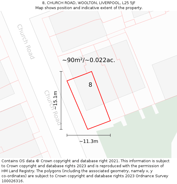 8, CHURCH ROAD, WOOLTON, LIVERPOOL, L25 5JF: Plot and title map