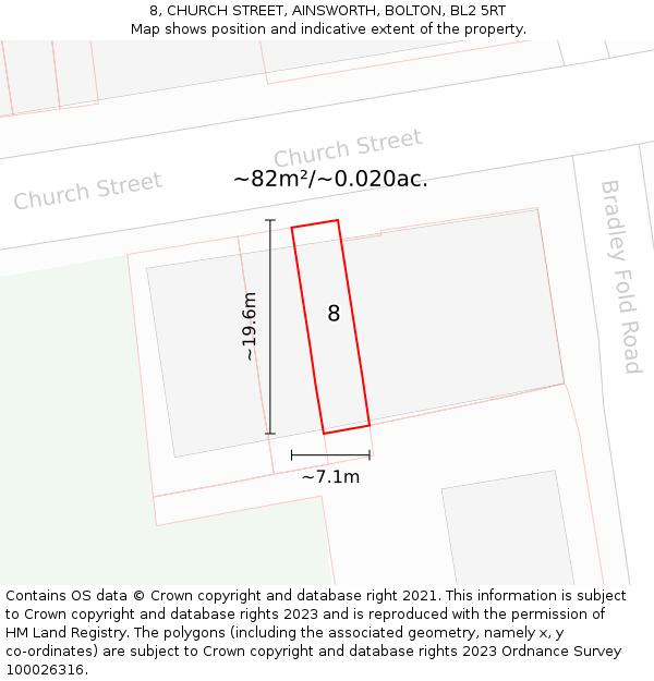 8, CHURCH STREET, AINSWORTH, BOLTON, BL2 5RT: Plot and title map