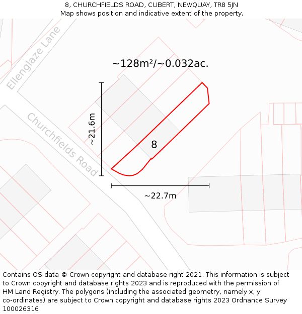 8, CHURCHFIELDS ROAD, CUBERT, NEWQUAY, TR8 5JN: Plot and title map