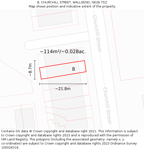 8, CHURCHILL STREET, WALLSEND, NE28 7SZ: Plot and title map