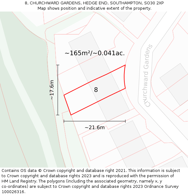 8, CHURCHWARD GARDENS, HEDGE END, SOUTHAMPTON, SO30 2XP: Plot and title map