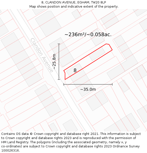 8, CLANDON AVENUE, EGHAM, TW20 8LP: Plot and title map
