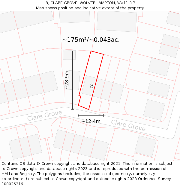 8, CLARE GROVE, WOLVERHAMPTON, WV11 3JB: Plot and title map