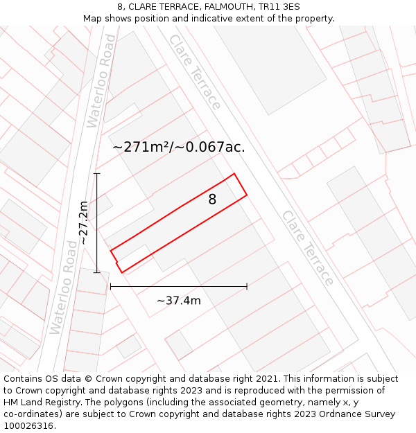 8, CLARE TERRACE, FALMOUTH, TR11 3ES: Plot and title map